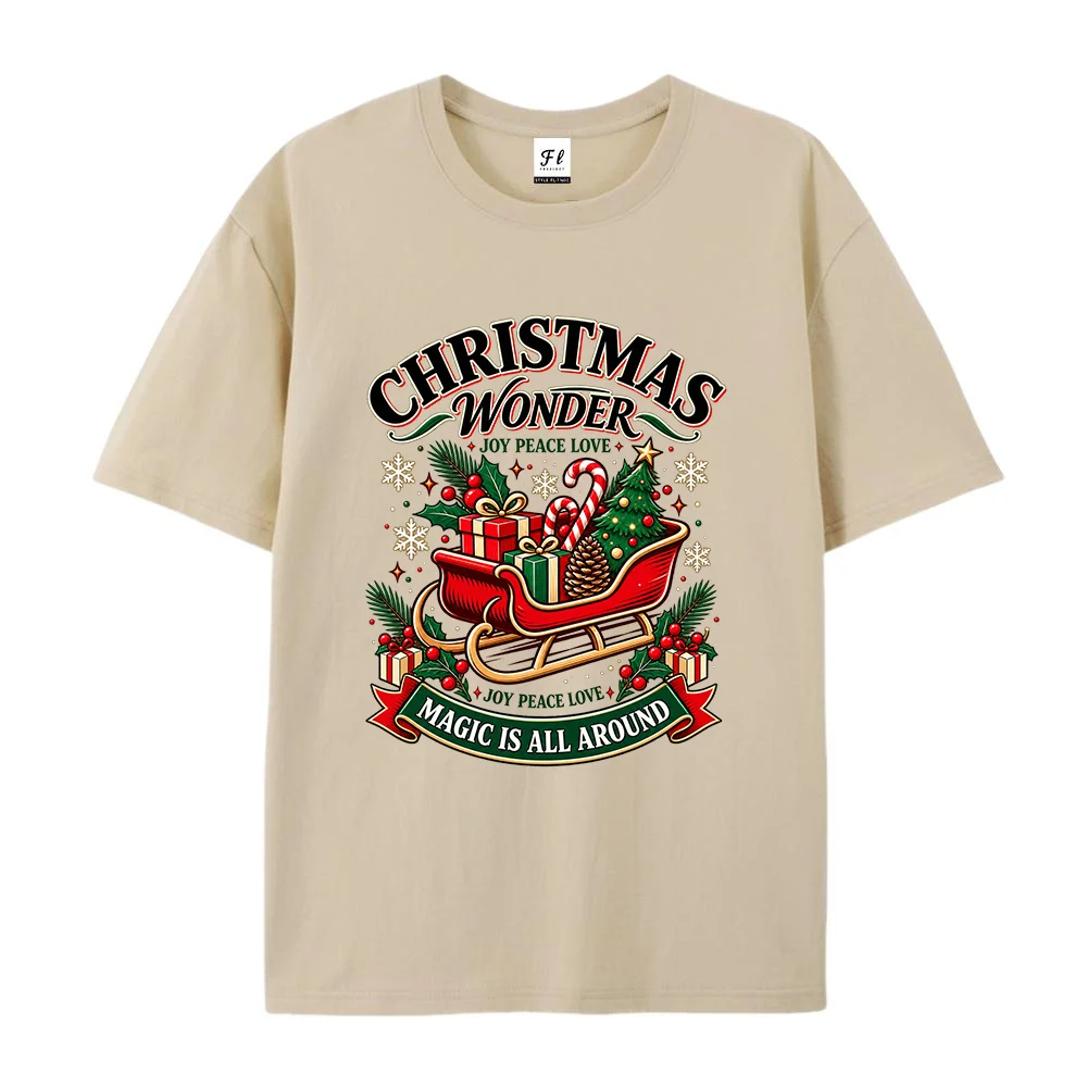 Women's Christmas Wonderland Graphic T Shirt Santa Sleigh Tree Gift Print Casual Short Sleeve Crew Neck Holiday Tee