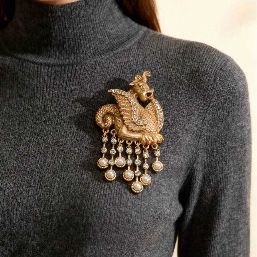 Vintage Phoenix Brooch Pearl Tassel Medieval Mythical Creature Pin Luxury Crystal Jewelry for Women