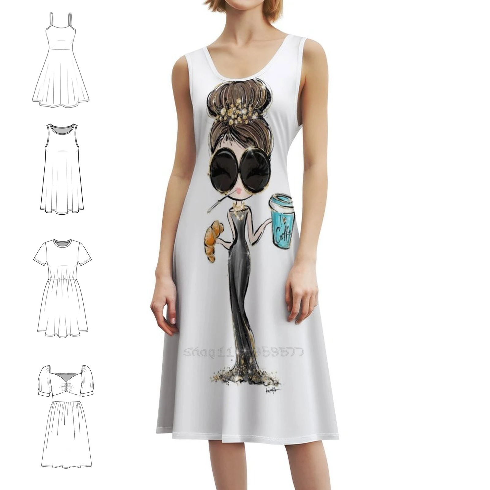 أودري هيبورن مستوحاة شخصية كرتونية المرأة الشارع الشهير فستان الحفلات العصرية طباعة نادي الملابس للإناث أودري هيبورن