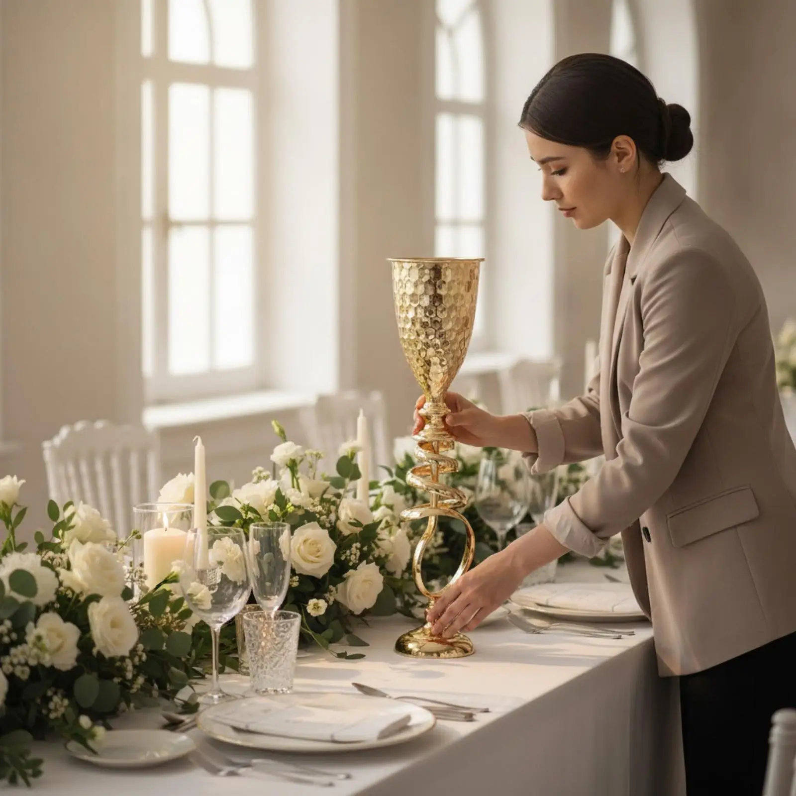 Gold Hammered Iron Wedding Vase Centerpiece with Spiral Loops for Elegant Banquet Table Flower Holder Decor