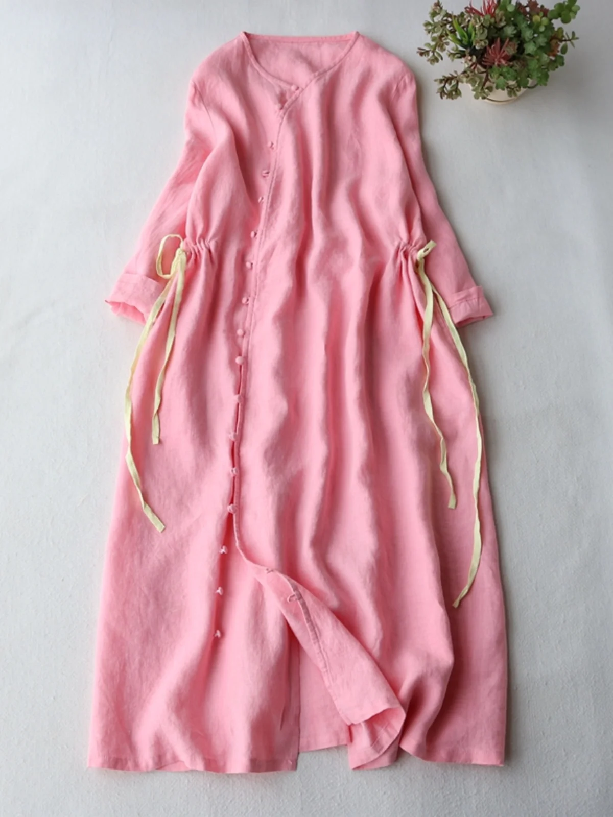 Artistic Large Size Gown with Side Buttons Zen Tea Dr New Chinese Sle Women's Cotton Linen Long Outerwear Dr