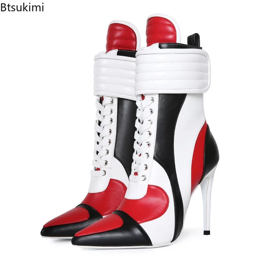 Women's Pointy Toe Lace Up Mixed Colors Motor Boots Leather Pointy Toe Good Quality Zipper Booties Luxury Designer Party Shoes