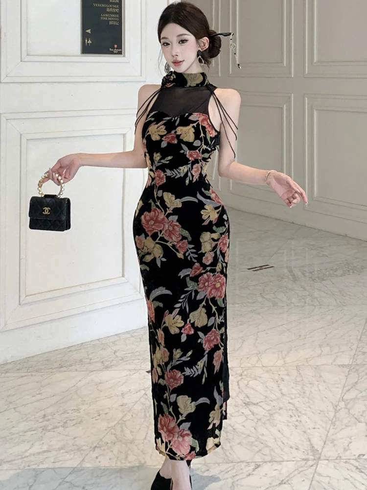 Abito da donna con scollo a rete patchwork in velluto floreale primavera autunno Abito da donna elegante di lusso Abito da sera aderente coreano 2025