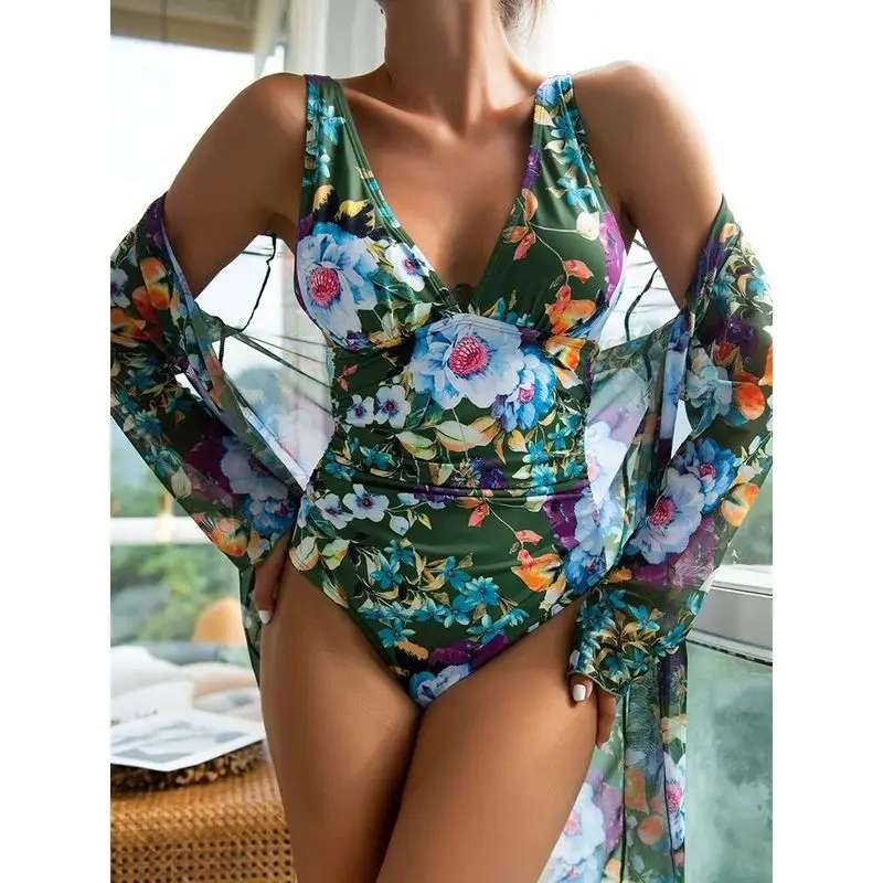 

Новинка 2024, сексуальный купальник с цветочным принтом и пляжная накидка, женский купальник средней длины больших размеров, с вырезами трапециевидной формы