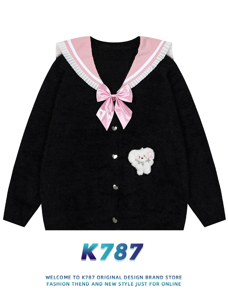 

K787 American Sle Retro Navy Collar Doggies Academy Knitwear Women Fun Japanese Sle Cute College Sle JK Sweater