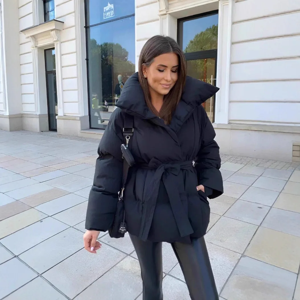 Down Jacket Warm Waist-cinching Long-sleeve Tied-waist Loose Solid-color Fashionable Women's Winter Jacket Lightweight