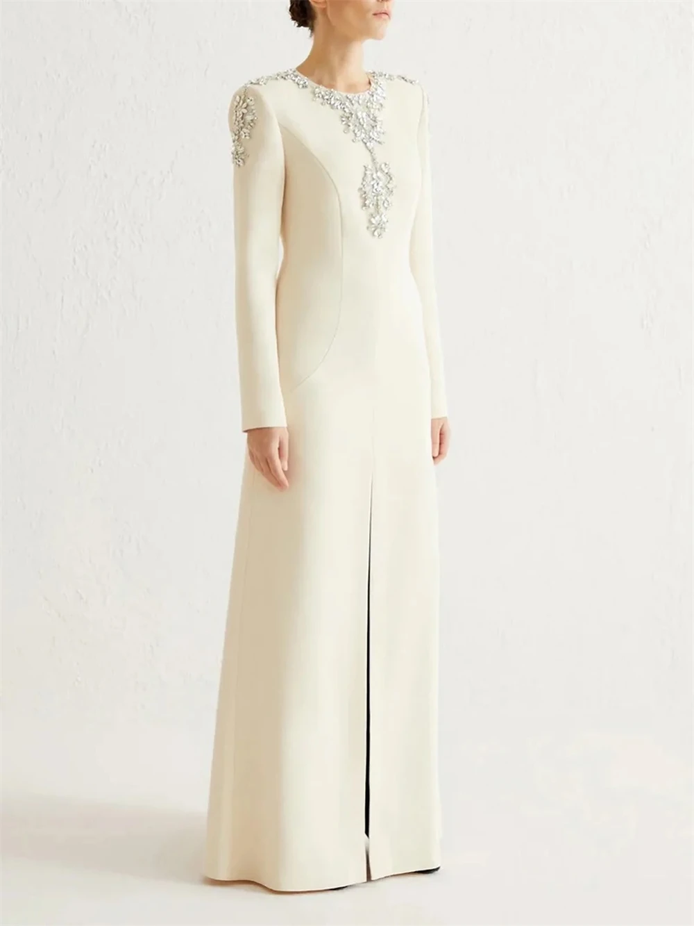 Customized Exquisite Jersey Evening Dresses Classic O-Neck Long Sleeves Celebrity Gowns High Quality Sweep Train Party Gowns