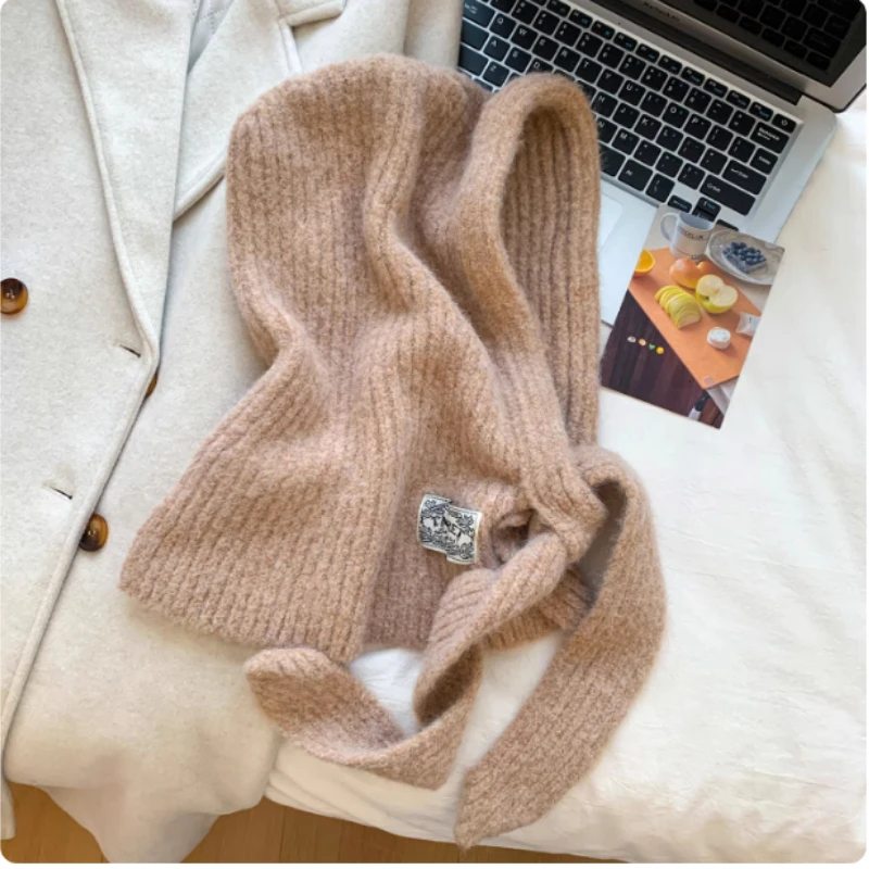 النسخة الكورية من البلوز البسيط بالاكلافا القبعات النسائية الشتاء في الهواء الطلق محبوك سنود المتكاملة الرقبة الدانتيل متابعة قبعة صغيرة دافئة قبعات