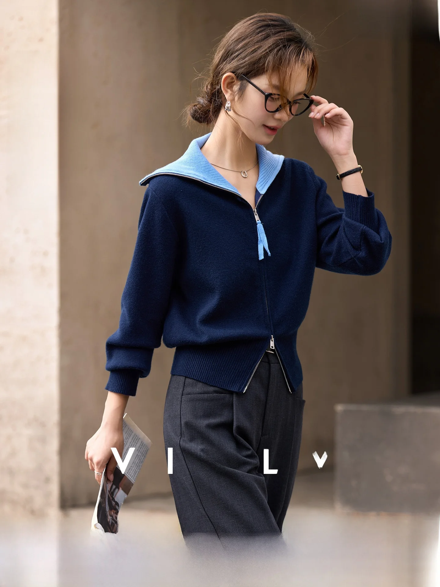 

Women's Zipper Knitted Sweater Casual Sle Long Sve Flip Collar Color Blo Autumn Winter Faion Versatile Open Cardigan