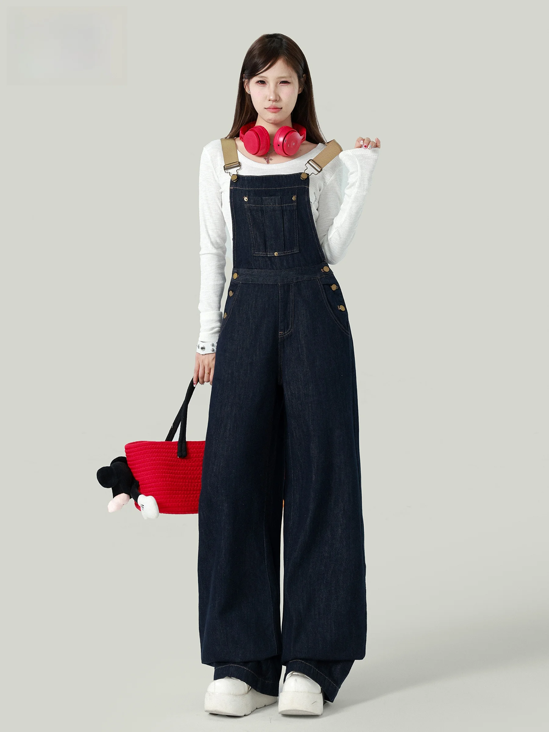 

Джинсовый комбинезон Deep Blue с высокой талией для женщин: модный повседневный свободный крой, широкие штанины, осенняя новинка, эффект похудения