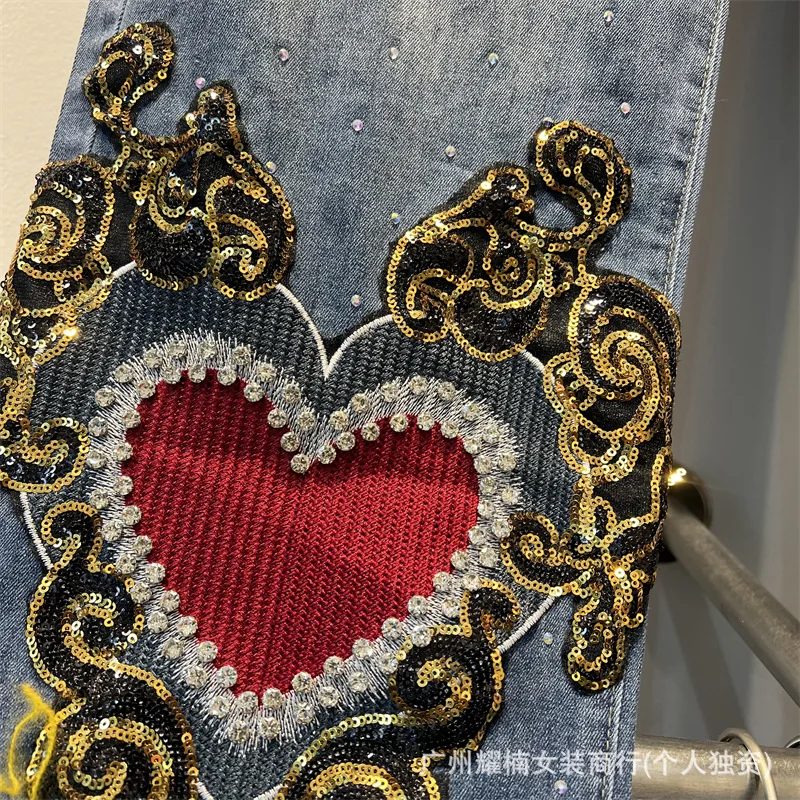 Fashionable Geometry Embroidery Sequins Diamonds Straight Jeans Women All-match Elastic Waist Casual Wide Leg Loose Denim Pants