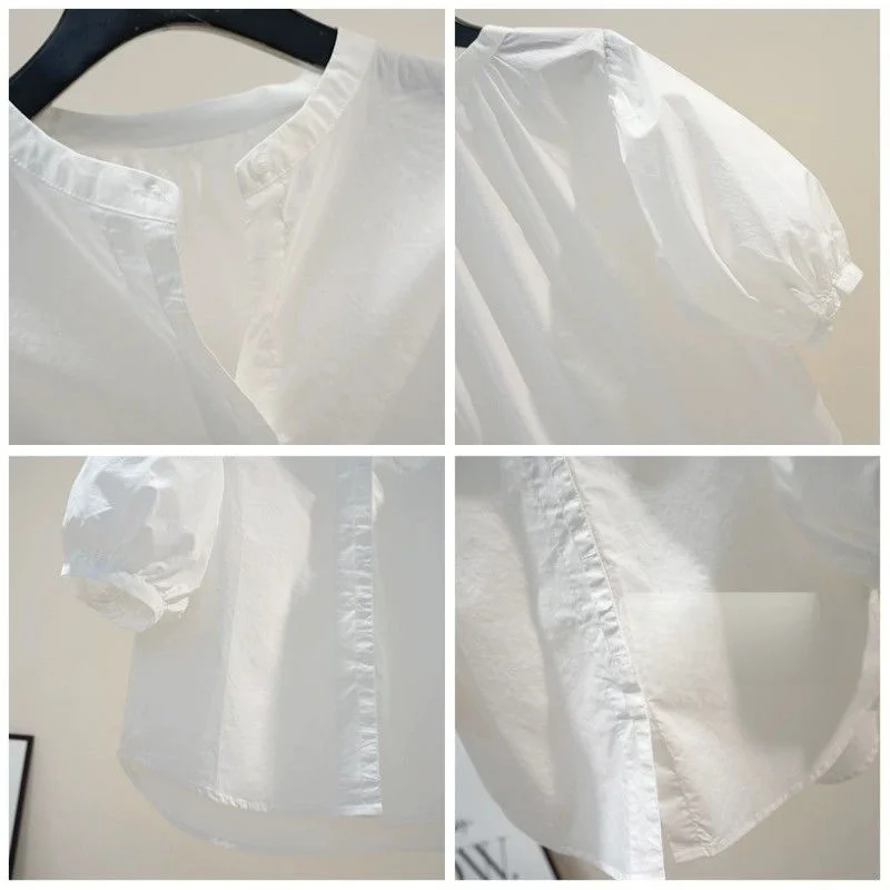 

Loose Mid-Sve round Ne Bubble Sve White irt Women Casual Summer Faion Versatile Top Trendy Commute Sle Cotton