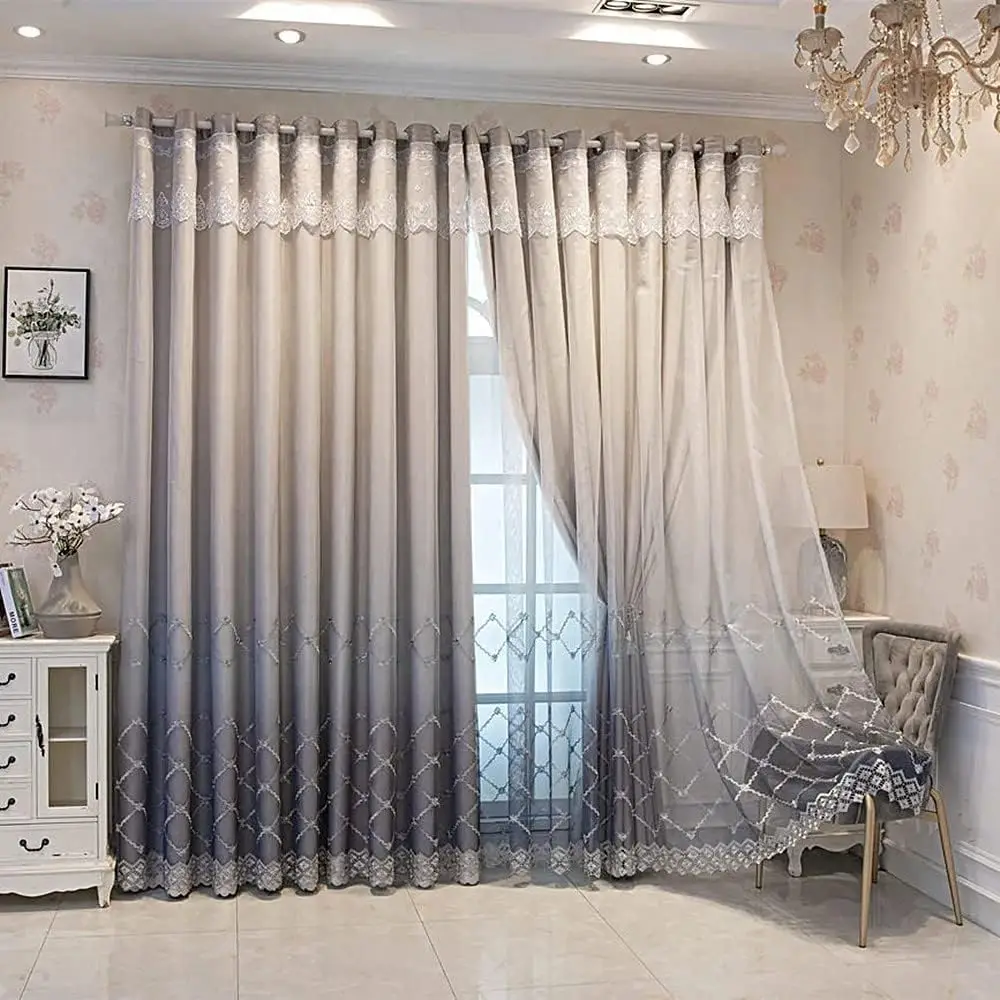 

1 Panel 140cm Width Double Layer Geometric Curtain for Living Room Gradient Diamond Pattern Embroidered Curtain for Bedroom