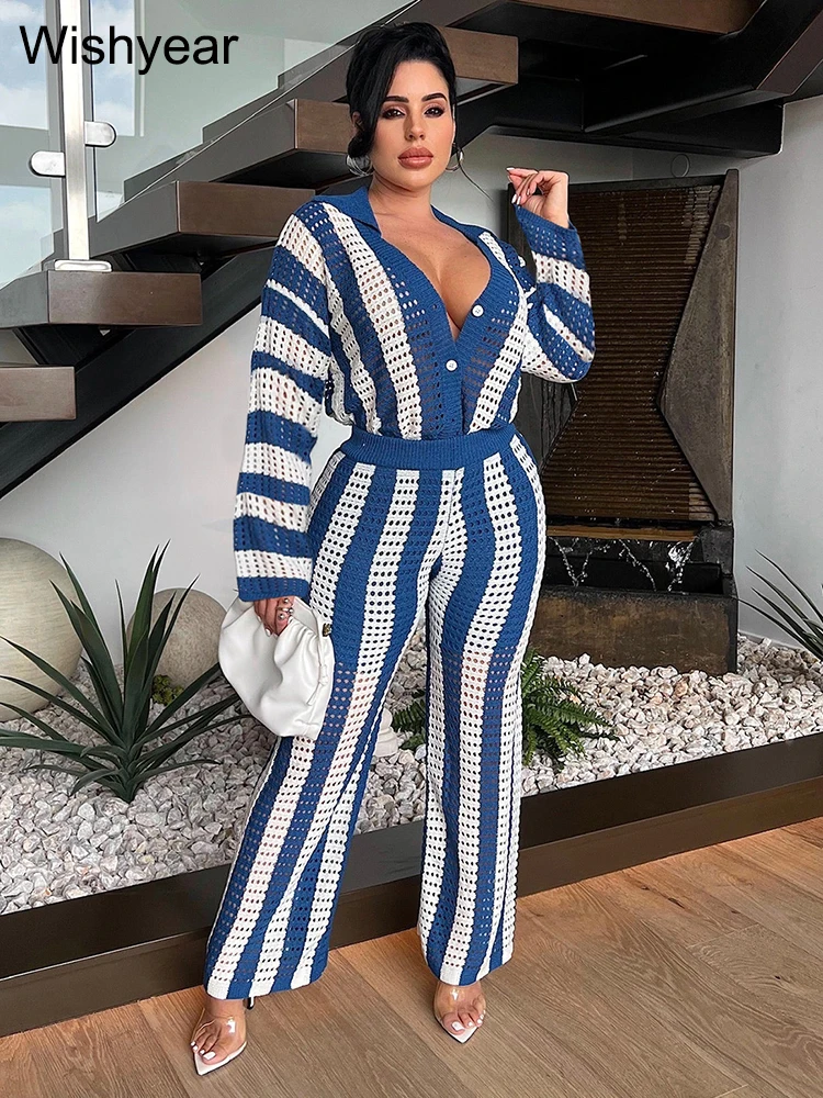 Fashion Blue Striped Knitted Crochet Two 2 Pieces Outfit Women Long Sleeve Tops and Wide Leg Pants Vacation Beach Birthday Suits