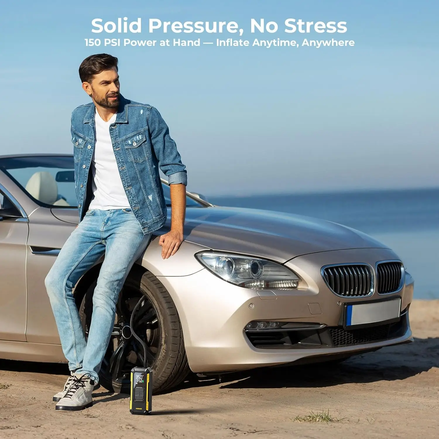 デジタルゲージ付きポータブルタイヤインフレーター、車、オートバイ、自転車用150 PSIエアコンプレッサー - 自動停止機能＆LED