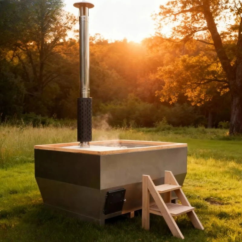 2026Hot Modern Outdoor Wood-Fired Hot Tub with Stainless Steel Bench Round Shape Massage Function Easy-Set Installation