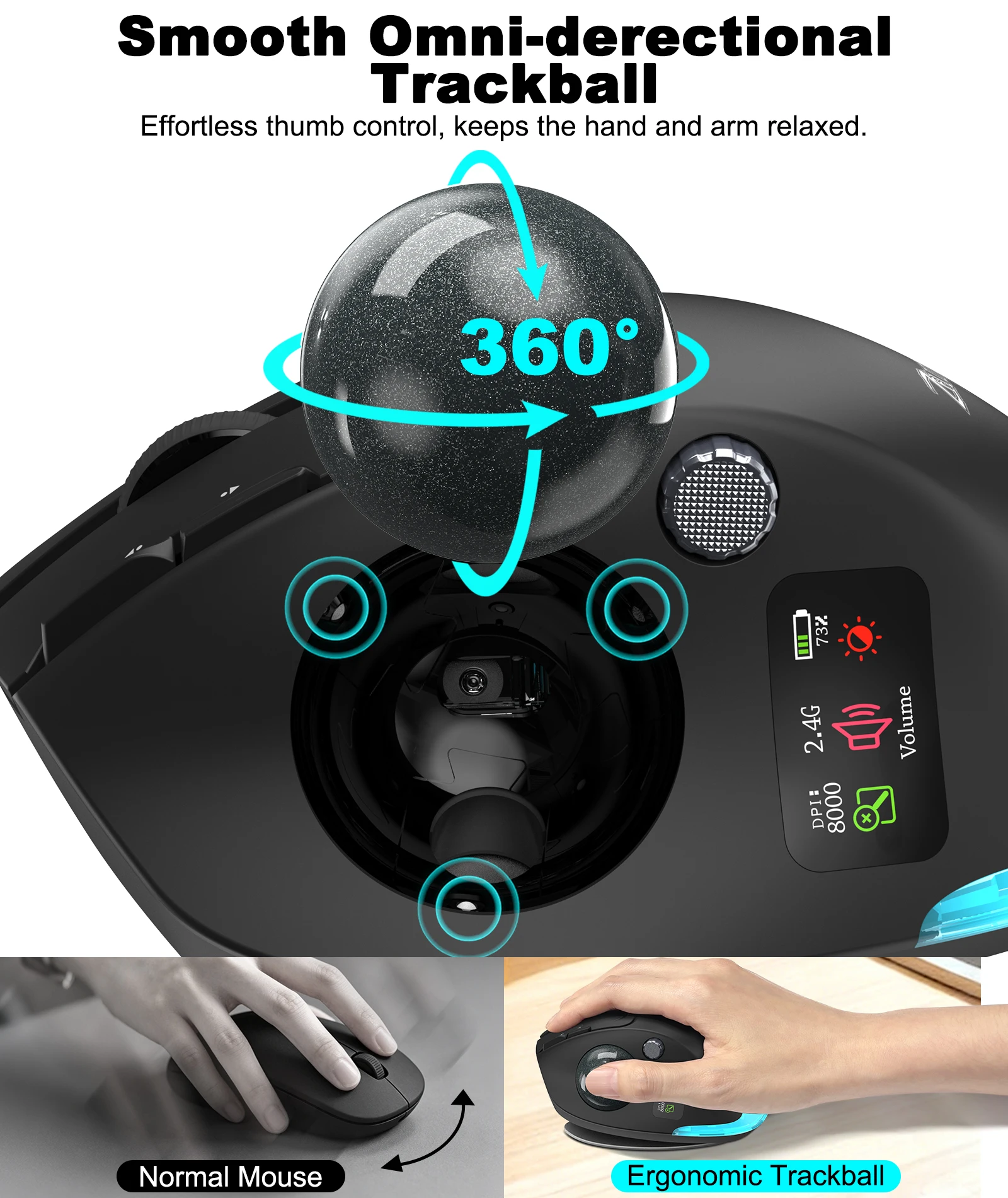 Lefon 2.4G Wireless Trackball Mouse Rechargeable Ergonomic Mouse with LED Screen 8 Programmable Buttons Mouse for PC Window Mac