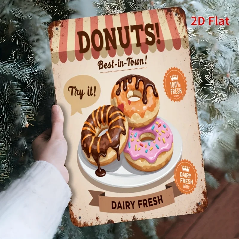 Letrero Metálico Retro de Donuts, Diseño Plano 2D, 1 Pieza, Decoración de Pared Estilo Diner Vintage de 8x12 Pulgadas con Logotipo de Tienda de Donuts, Fresa y Chocolate