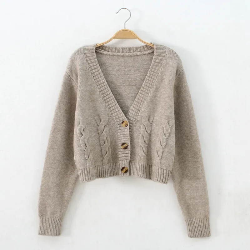 Women Cardigan V Neck Cropped Long Sleeve Twist Knitted Sweater Coats Spring Autumn Keep Warm Korean Fashion Jacket Cardigan