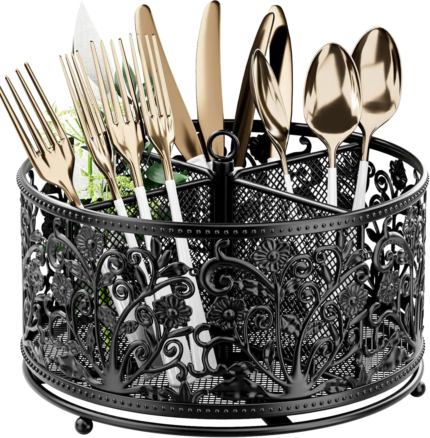 

360° Rotating Utensil Caddy - Silverware Cutlery Caddy Holder with 4 Compartment, Metal Flatware