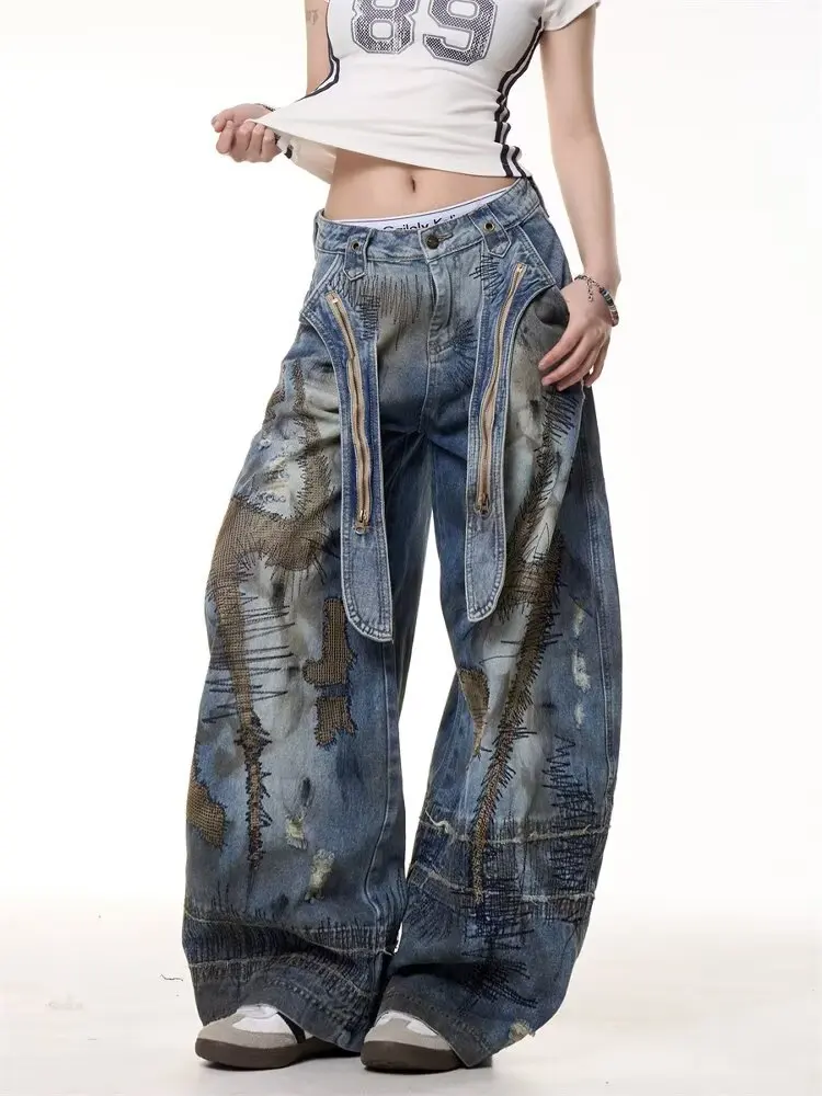 American Heavy Industry Denim Pants Y2K Retro Messy Needle Ribbon Embroidery Wash Loose Casual High Waist Wide Leg Jeans