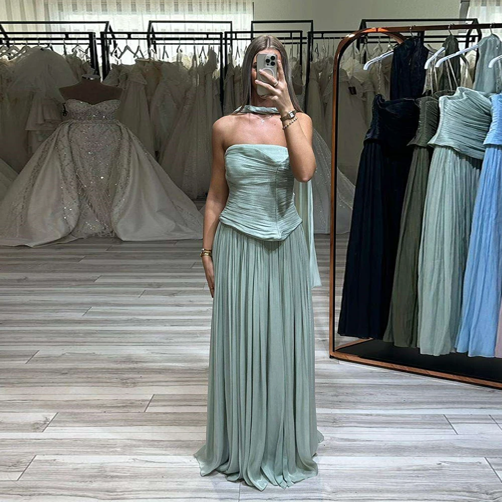 

Customized Chiffon Long Evening Dresses for Wedding Guest A Line Luxury Party Dress Draped Elegant Night Prom Gowns Sage Green