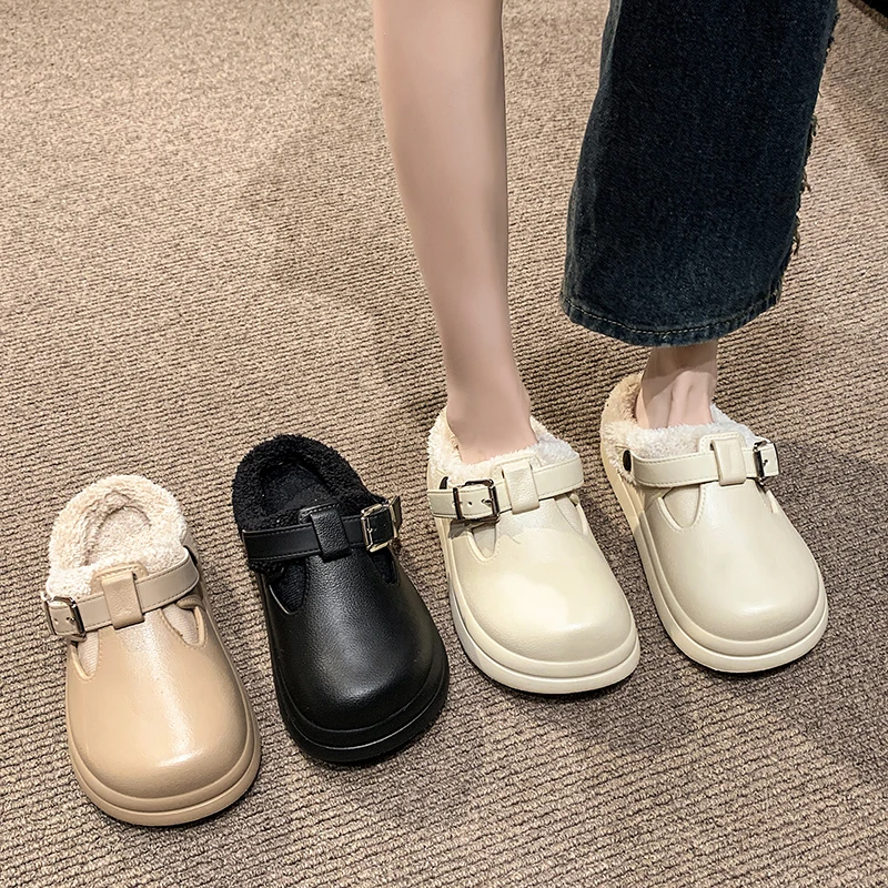 Winter Comfortable Sleeve-cuffed Round-toe Plus Velvet Cotton Slippers Fashionable Thick-soled Warm Casual Slippers for Women