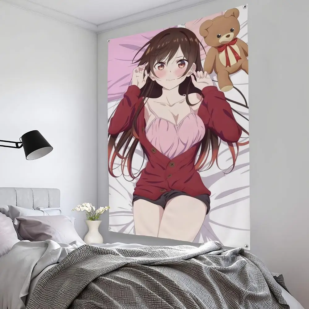 Rent-A-Girlfriend Chizuru Mizuhara Demon Outfit Wall Tapestry, Purple Lingerie Anime Art with Background, for Bedroom Decor