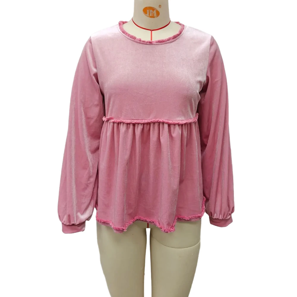 Women Velvet Tops Long Sleeve Crew Neck Lace Trim Loose T-shirt Casual Autumn Basic Tees Y2K Work Office Daily Wear Tops