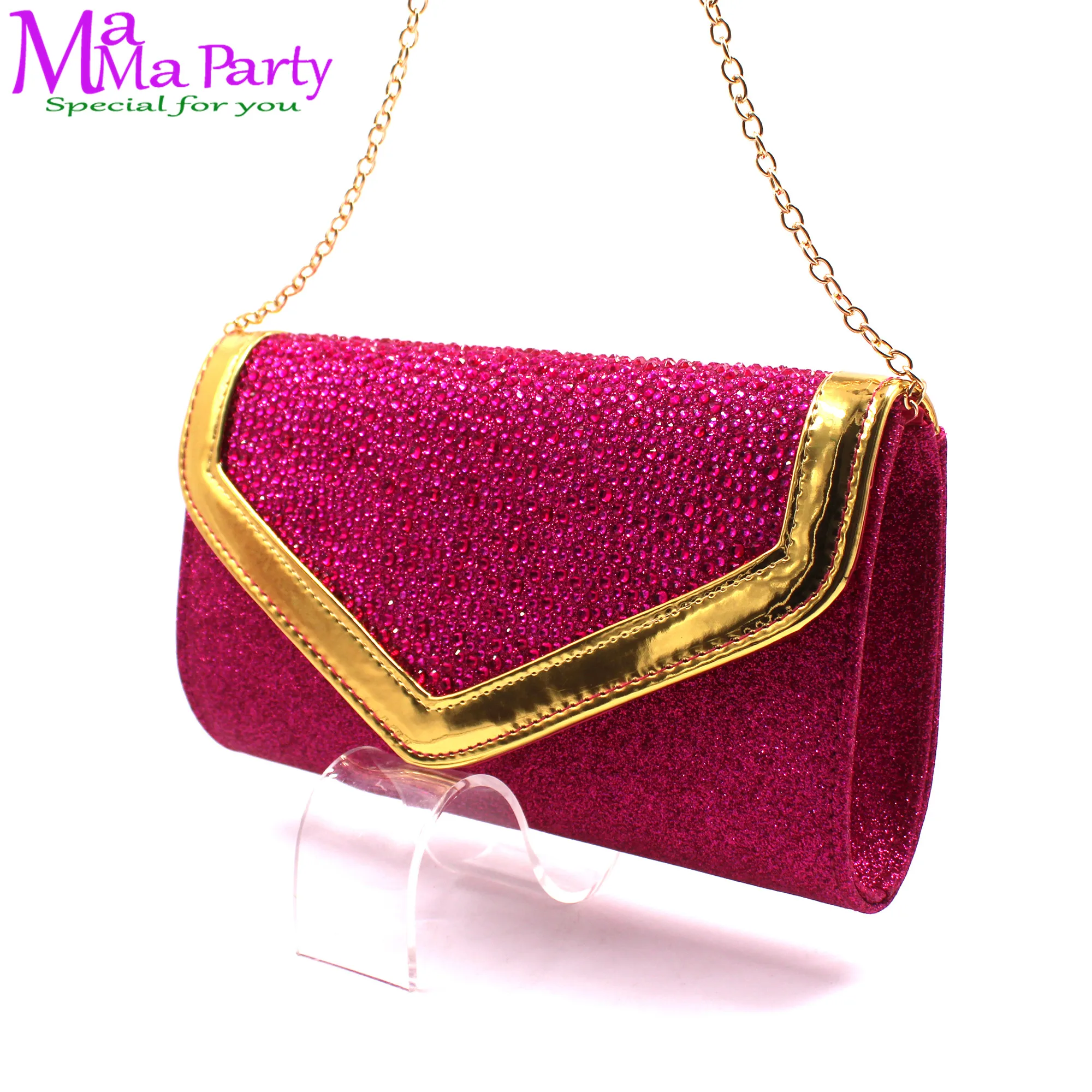 2024 Sexy Office Ladies Shoes and Bag Set High Quality New Design Pointed Toe with Crystal  Fuchsia Color for Party