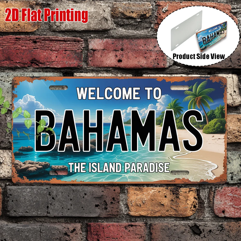 Welcome to Bahamas The Island Paradise 2D Flat Printing License Plate Style Metal Tin Sign, Tropical Beach Themed Decorative Alu