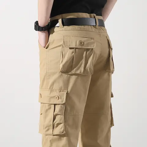 8 FICKOR 100 % bomull herr enfärgade cargobyxor, andningsbara bekväma utomhusbyxor med flera fickor för vandring, vandring och resor 8 best sales 8-ficks cargobyxor - №6