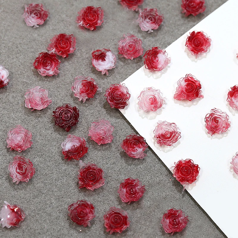 50pcs Kawaii Multicolor Red Gradient Rose Camellia Resin Nail Art Charms Nail Decorations DIY Acrylic Rhinestones Accessories