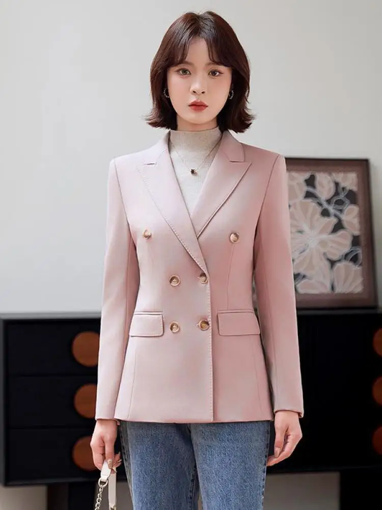 Korean Fashion Frauen Solide Elegante Lange Ärmeln Blazer Mantel Herbst Winter Vielseitig Zweireiher Tops 2025, Casual Streetwear