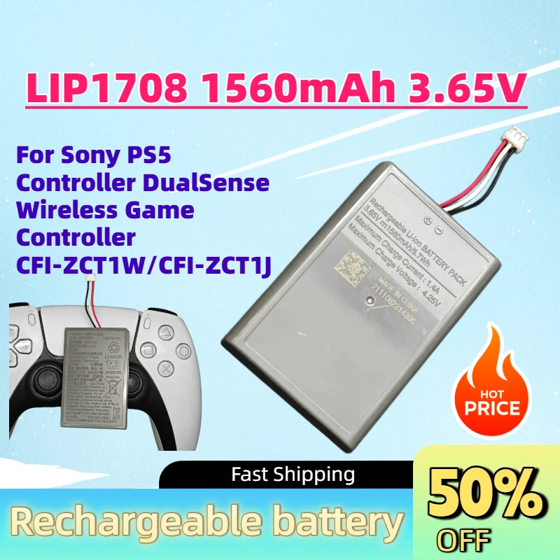 New LIP1708 1560mAh 3.65V Rechargeable Battery For Sony PS5 Controller DualSense Wireless Game Controller CFI-ZCT1W/CFI-ZCT1J