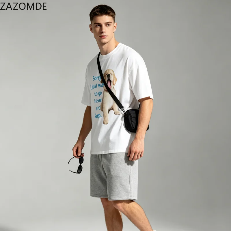 ZAZOMDE High Street Funny Animal Graphic Tee Emotional Text Print Short Sleeve Shirts Loose Fit Golden Retriever Pattern Summer