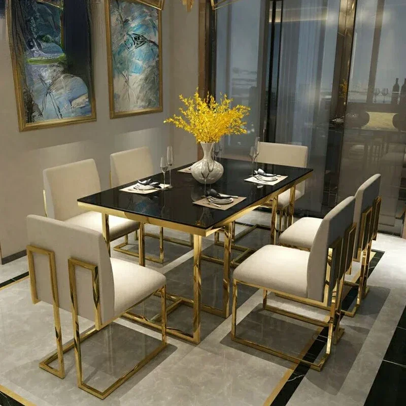 Luxurious golden living room fashion simple modern stainless steel rectangular glass dining table and chair combination