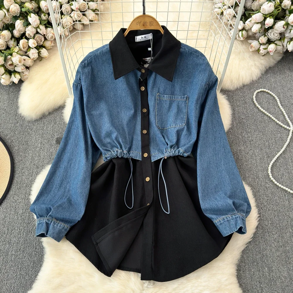 TWOTWINSTYLE Colorblock Spliced Denim Chic Blouse For Women Lapel Long Sleeve Patchwork Single Breasted Shirts Female KBL524897