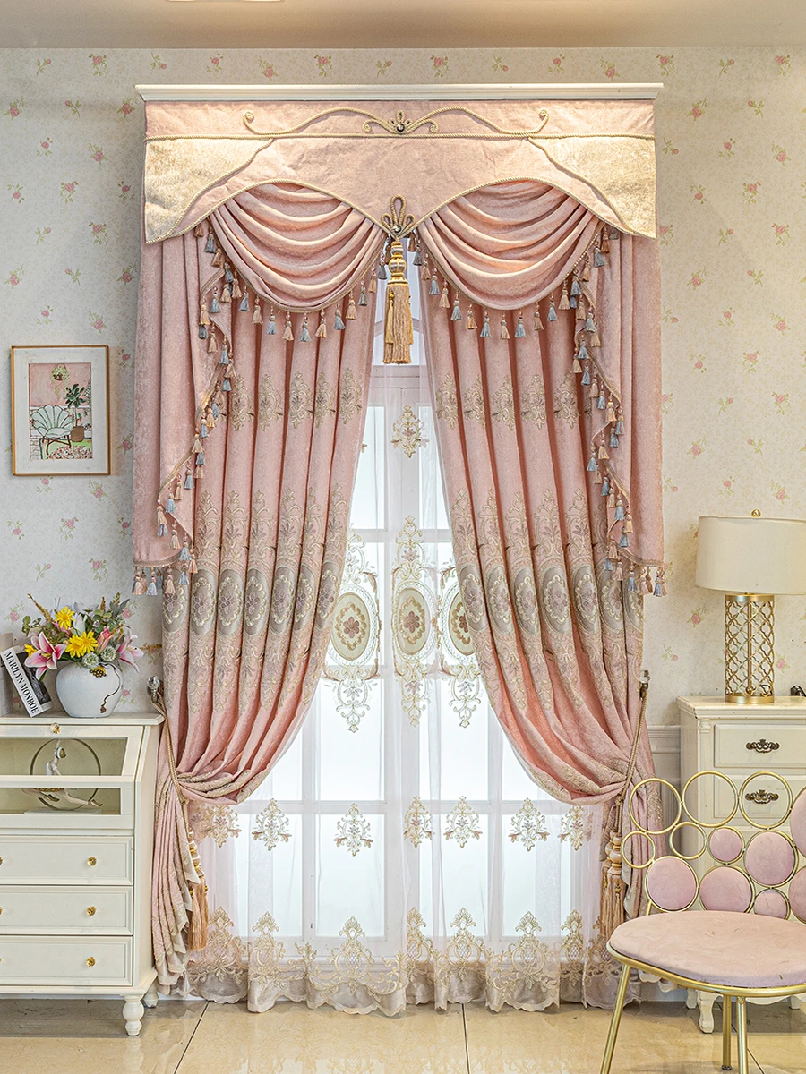 Custom curtain High-end European Chenille pink embroidered girl bedroom shade  cloth blackout curtain tulle valance drape C1524