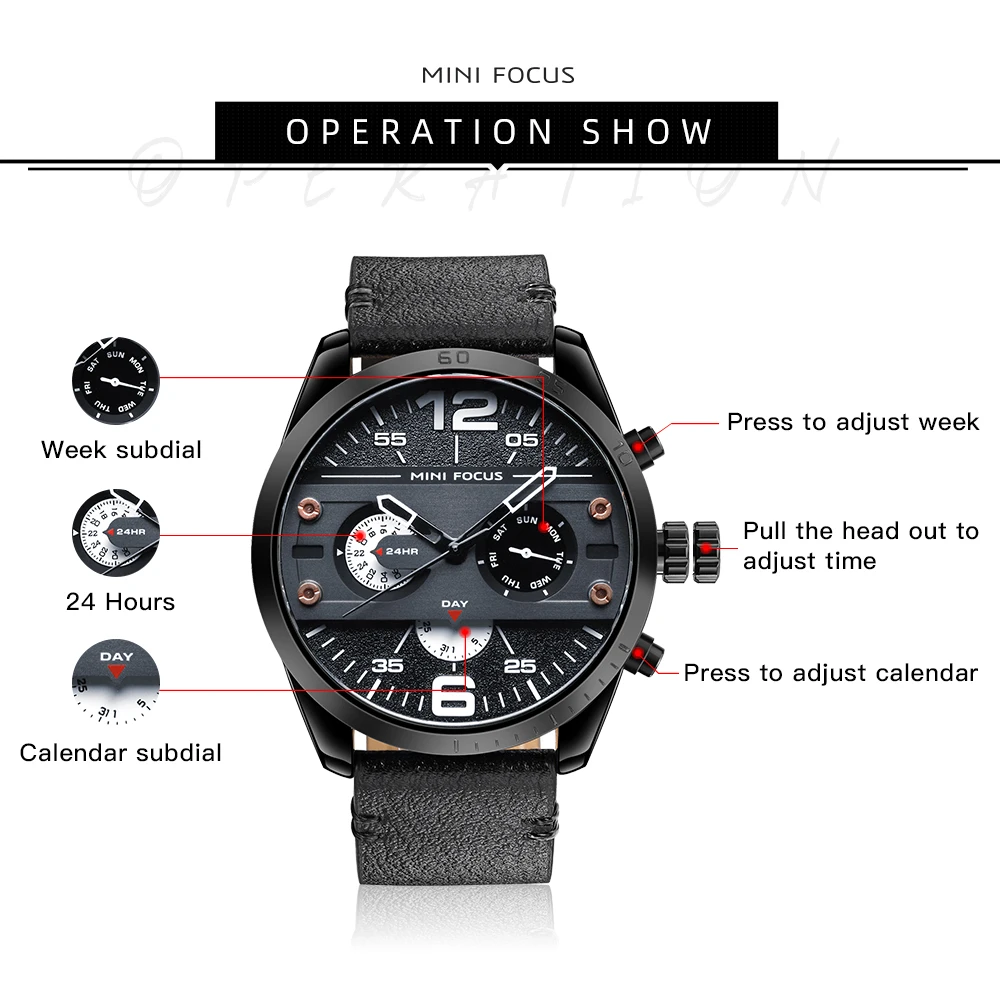 MINI FOCUS Multifunctional Sport Quartz Watch Mens Watches Waterproof Chronograph Wrist Watch with Date Luminous Hands 0068G