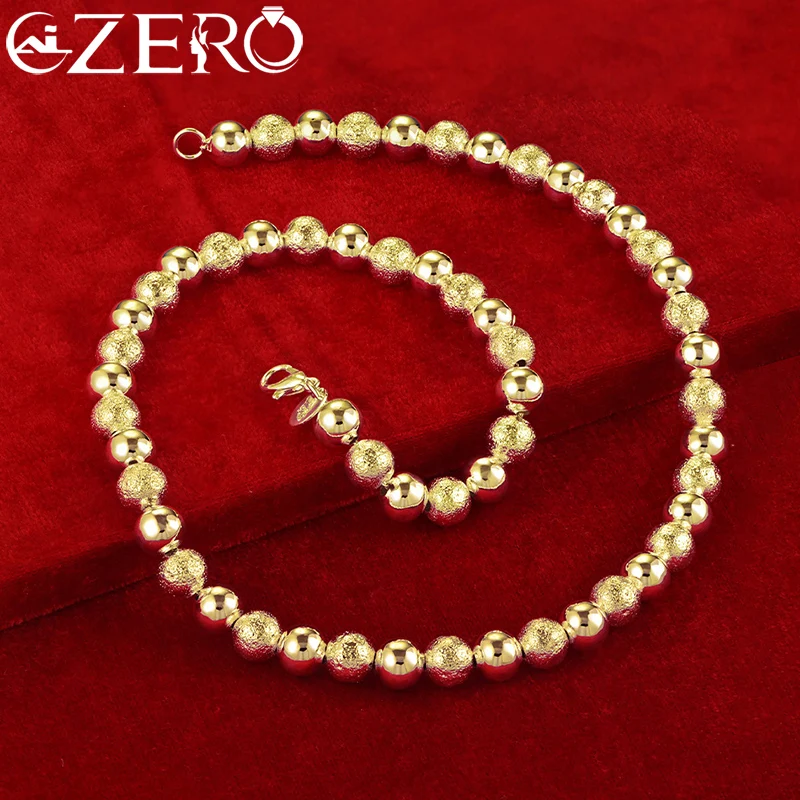 ALIZERO 18K Gold Necklaces 925 Sterling Silver Smooth Frosted 8mm Beads Chain Necklace For Women Fashion Wedding Party Jewelry