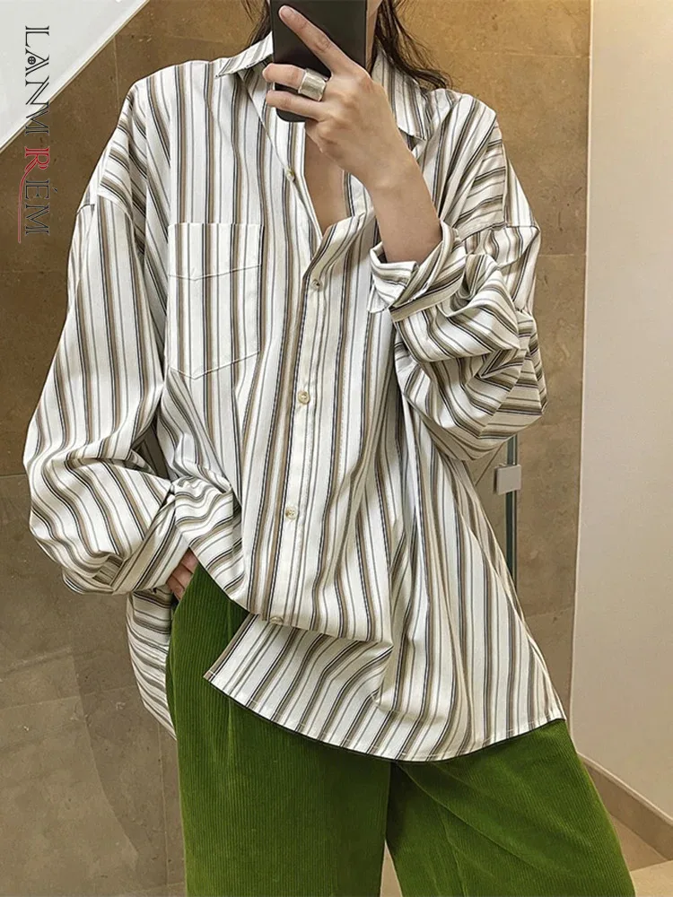 

LANMREM Striped Fashion Shirts Women's Lapel Single Breasted Color Block Chic Loose Casual Top Clothing 2024 Autumn New 2DA3566