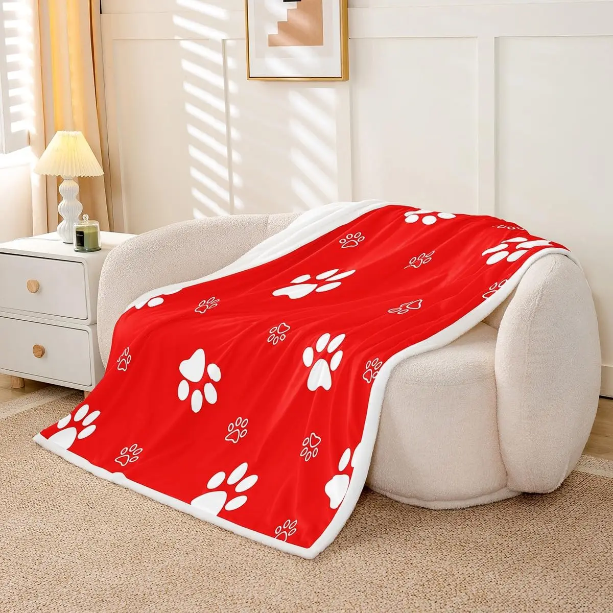 Red Dog Paw Sherpa Blanket Plush Fuzzy Twin Kids Cute Dog for Bed Couch Chair Living Room for Boys Girls Teens Lovely Poppy Pet