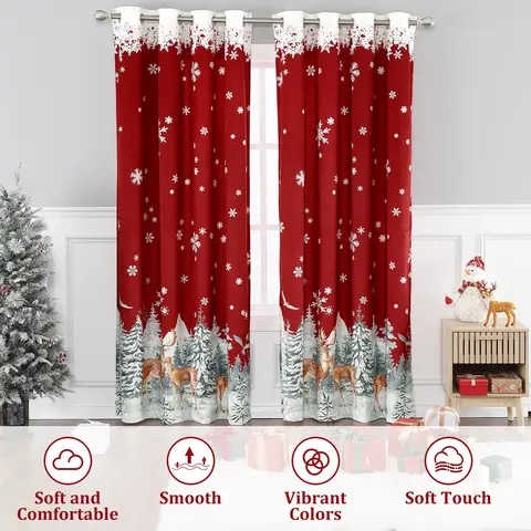 Christmas Blackout Curtains with Reindeer & Snowflake Design, Thermal Insulated Window Drapes, 2 Panels, for Living Room & Bedroom