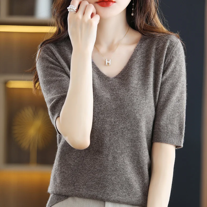 2022 Spring Summer Women\'s Cashmere Sweater Short sleeve V-Neck Pullover Casual Solid Color Short sleeve High Quality