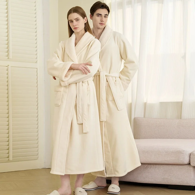 

Couple's Thickened Long Fleece Robe Coral Velvet Winter Bathrobe Men's Plus Size Sleepwear Soft Plush Home Clothes for Autumn