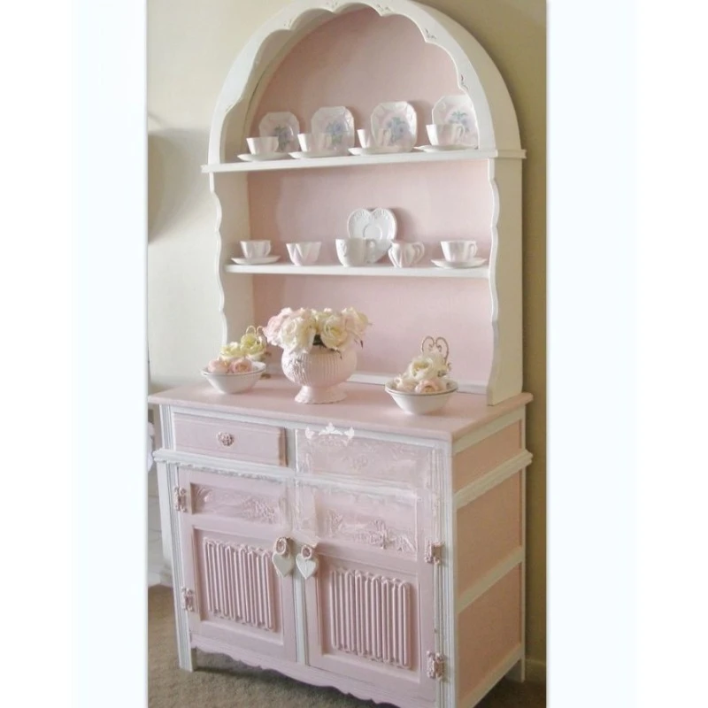 

French carved solid wood bookcase, dining side cabinet, porch, shoe cabinet American pastoral pink.