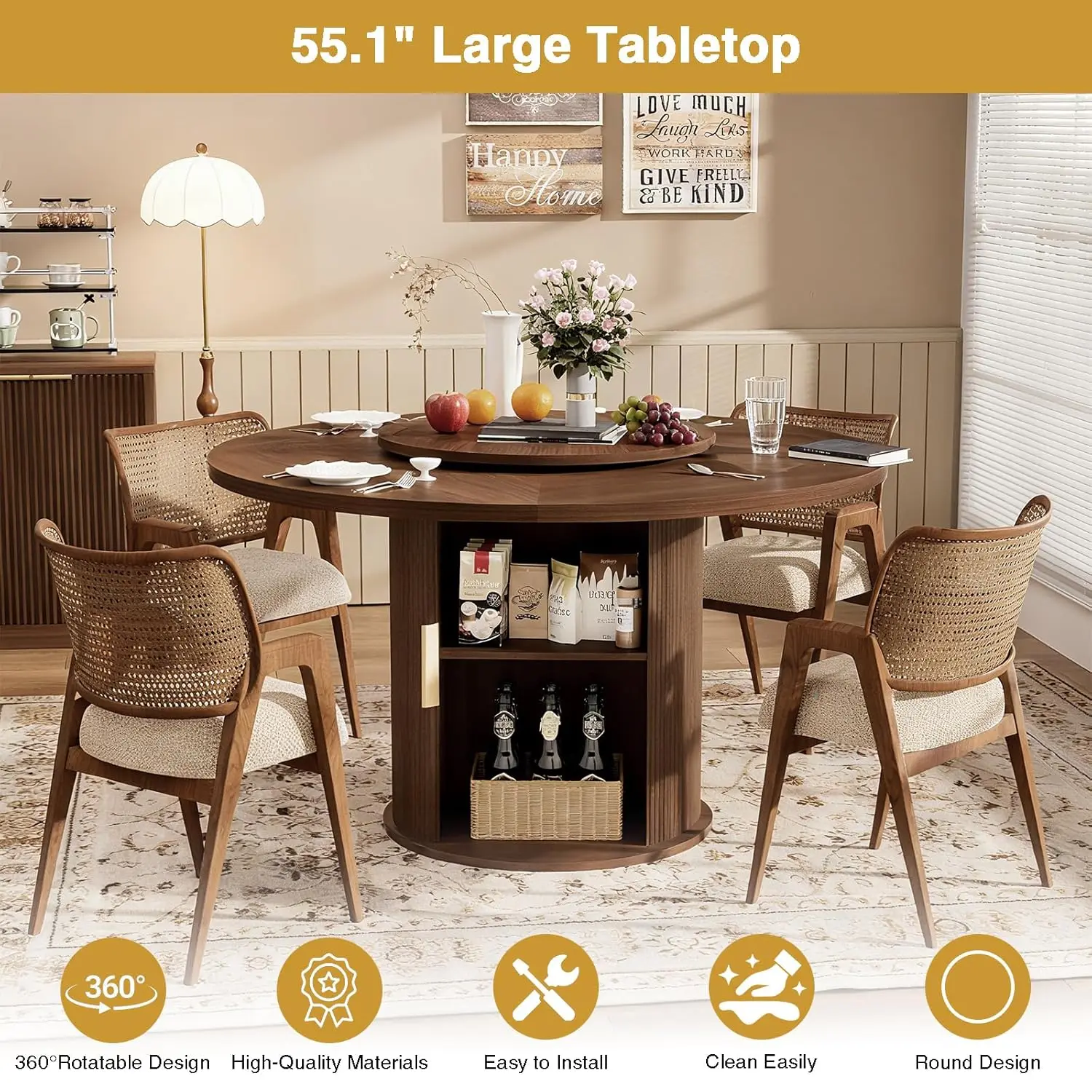 55" Round Dining Table for 6, Modern Kitchen & Dining Room Table with Rotating Lazy Susan, Fluted Pedestal Base with Hidden Stor