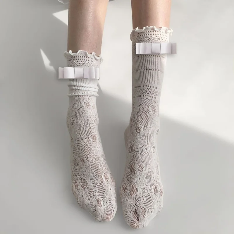 Chaussettes blanches respirantes avec nœud en dentelle pour femme, oreille en bois fine, découpe en un mot, style étudiant pys, été