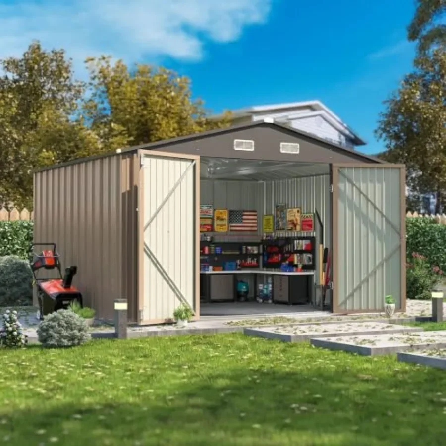 Outdoor storage shed for feet, metal construction, gray color, rust-resistant and weatherproof design